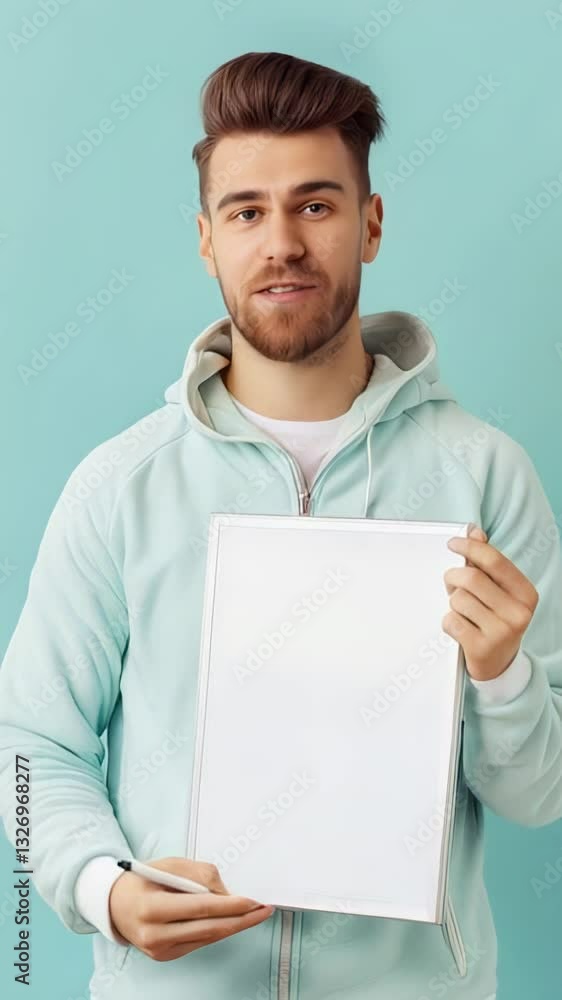 Young man holds blank clipboard in a light blue hoodie against a pastel background while smiling warmly Young man holds blank clipboard in a light blue hoodie against a pastel background while smiling warmly