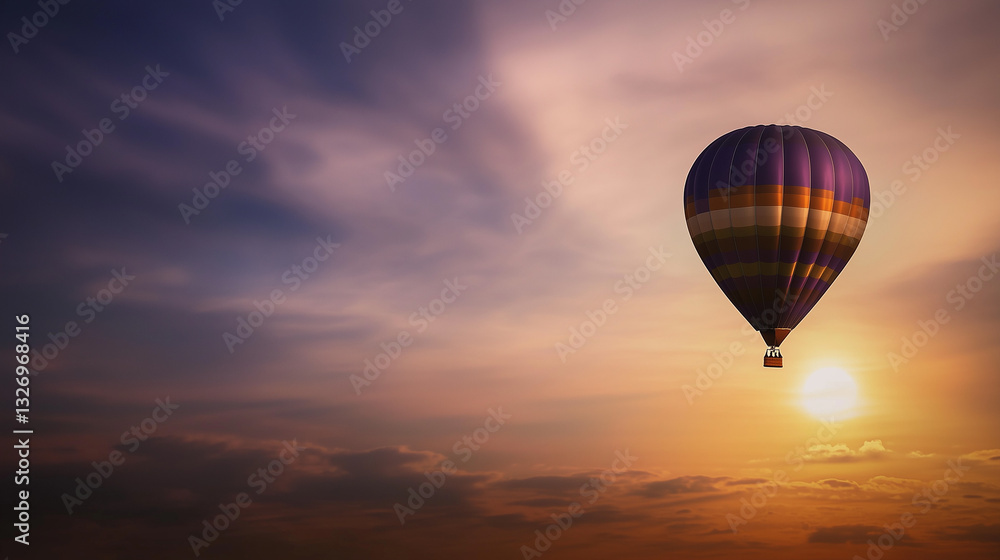Naklejka premium Majestic Hot Air Balloon Soaring Peacefully Against Dramatic Sunset Sky
