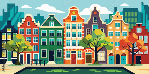 colorful old hand drawn european multistory buildings. Amsterdam Netherlands