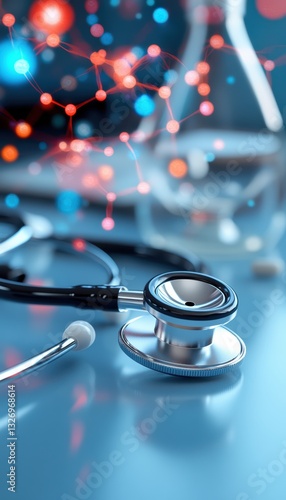 Blue Stethoscope Against Blurred Medical Background Abstract Network Connection In Black And Red Analyzing An Image For Healthcare Insights