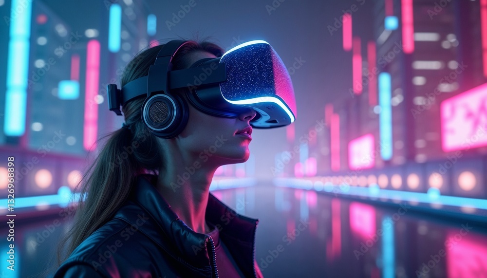 Girl in elegant virtual reality headset immersed in a bright futuristic digital world Girl in elegant virtual reality headset immersed in a bright futuristic digital world