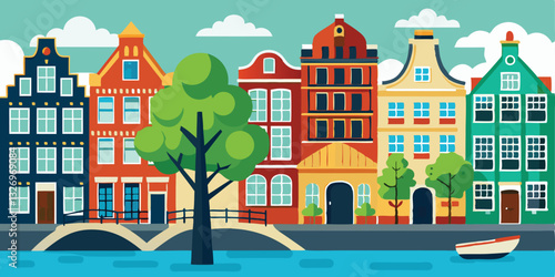 colorful old hand drawn european multistory buildings. Amsterdam Netherlands