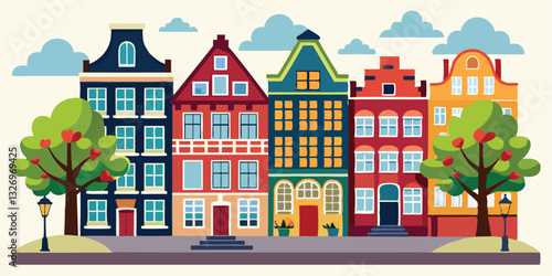 colorful old hand drawn european multistory buildings. Amsterdam Netherlands