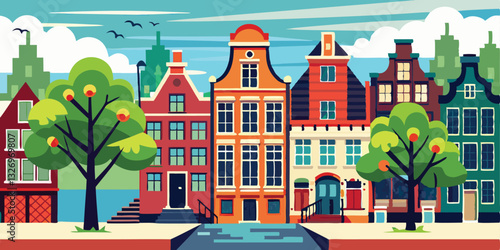 Seamless border of colorful old hand drawn european multistory buildings