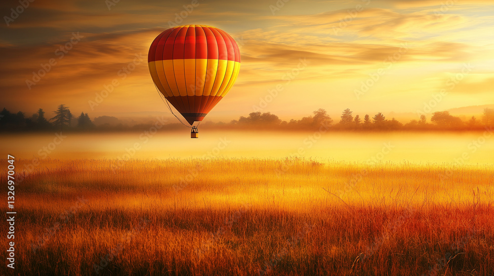Naklejka premium Vibrant Hot Air Balloon With Adventurous Spirit Soaring Over Misty Fields At Dawn