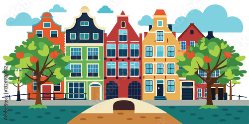 Seamless border of colorful old hand drawn european multistory buildings
