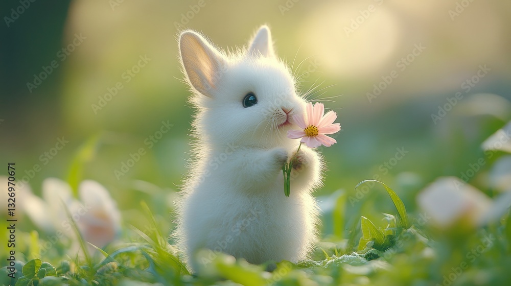 Fototapeta premium A tiny fluffy white rabbit holds a pink flower in its paws. A spring landscape with blossoms and soft sunlight, Easter