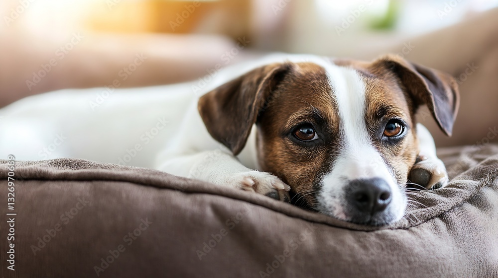 Relaxed dog lying on a soft couch with a calm expression during a peaceful afternoon : Generative AI Relaxed dog lying on a soft couch with a calm expression during a peaceful afternoon : Generative AI