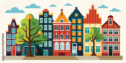 Seamless border of colorful old hand drawn european multistory buildings