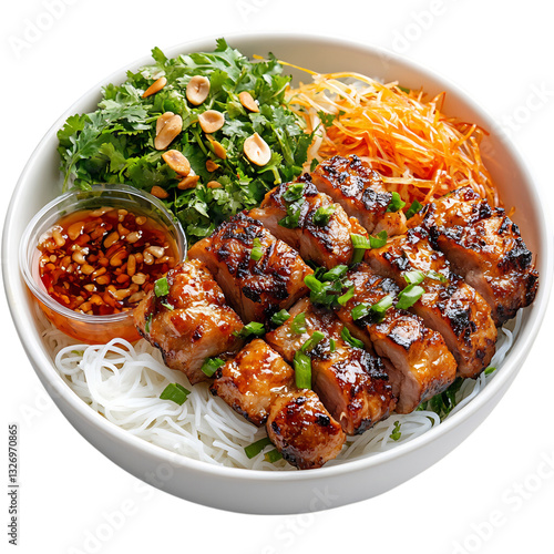 A Bowl of Vietnamese Bun Cha Grilled Pork with Noodles and Vegetables Isolated on Transparent Background