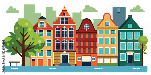 Seamless border of colorful old hand drawn european multistory buildings