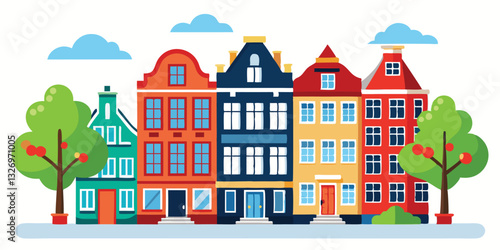 Seamless border of colorful old hand drawn european multistory buildings