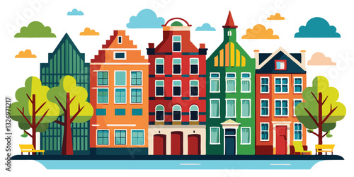 Seamless border of colorful old hand drawn european multistory buildings