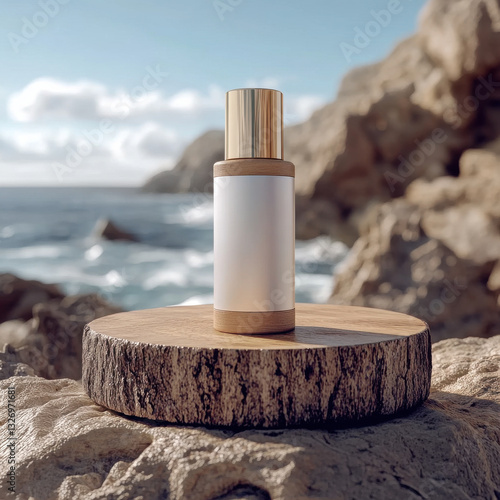 minimalist beauty product bottle with wooden base and gold cap displayed natural wooden podium against rocky coastal backdrop, minimalistic beauty and skincare packaging concept
