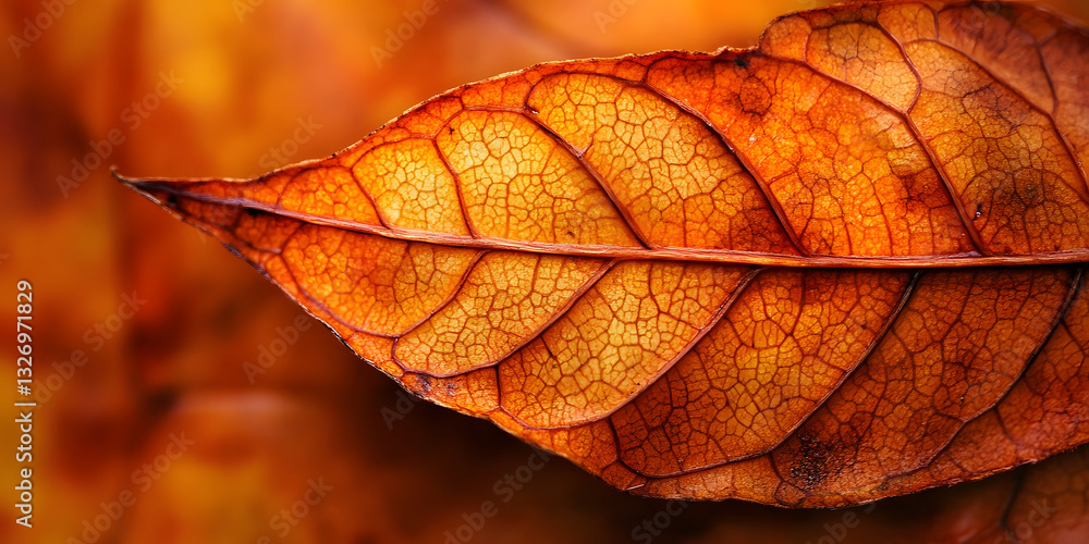 Obraz premium Autumn Leaf Closeup Print, Nature Photography, Orange Brown Leaf, Leaf Veins Detail Art, Botanical Leaf Print, Fall Season Leaf Print