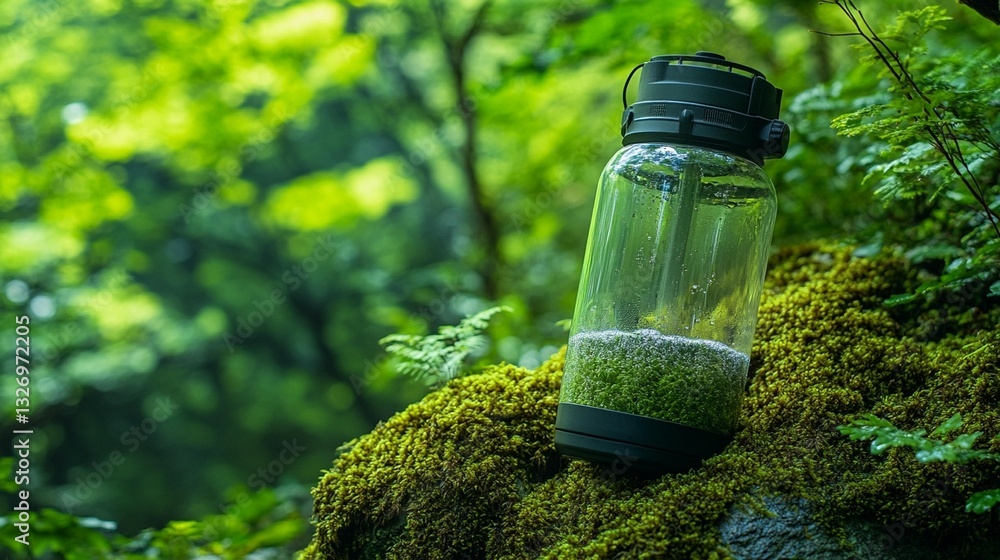 Clear water bottle rests on mossy rock in lush green forest. Clear water bottle rests on mossy rock in lush green forest.