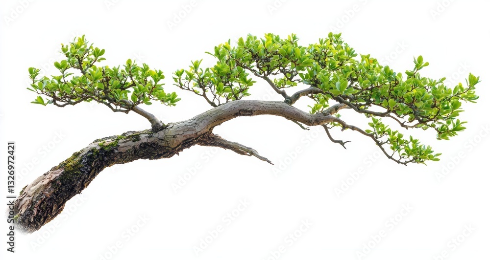 Fototapeta premium Bonsai tree branch showing lush green leaves on white background