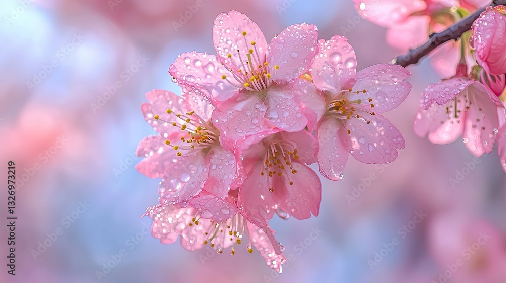 Spring, many pink cherry blossoms blooming in the park, close-up of one or two of them, there are dewdrops on the cherry blossoms, macro, UHD, best light, blue sky in the background, 32k, UHD, Spring, many pink cherry blossoms blooming in the park, close-up of one or two of them, there are dewdrops on the cherry blossoms, macro, UHD, best light, blue sky in the background, 32k, UHD,