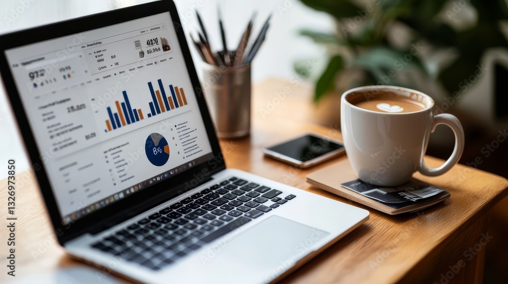 Small Business Workspace with Laptop and Financial Reports Small Business Workspace with Laptop and Financial Reports