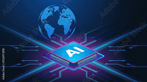 Abstract digital blue globe and AI chip in the center. Technology innovation background. AI processor with circuit roads in light blue with bright neon effect. Futuristic polygonal vector illustration