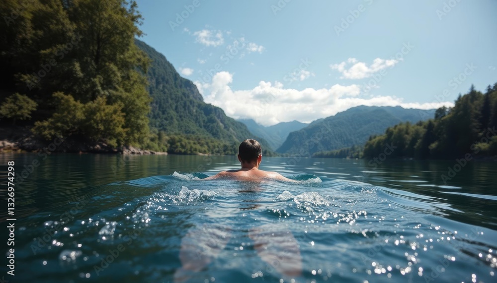 Fototapeta premium Marathon swimming solo in serene mountain lake settings