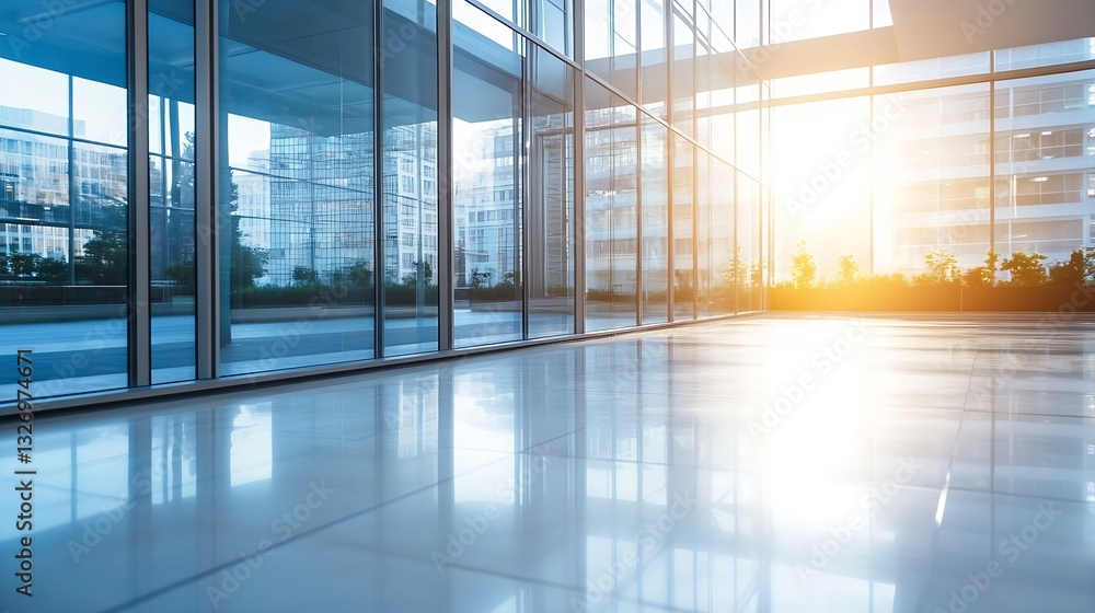 Sunlit Modern Interior Office Space with Floor to Ceiling Windows and Reflection on Tiles : Generative AI Sunlit Modern Interior Office Space with Floor to Ceiling Windows and Reflection on Tiles : Generative AI