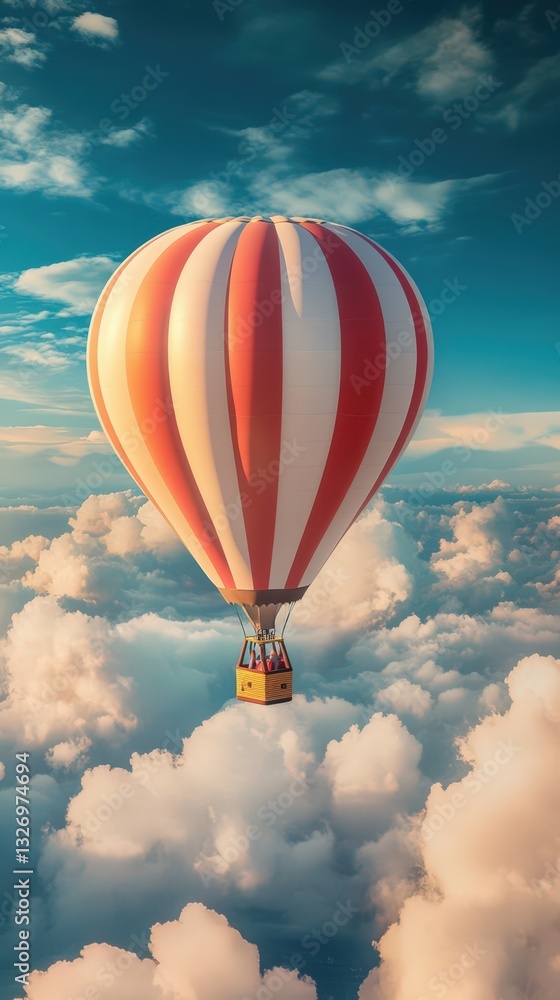 Naklejka premium Red and White Hot Air Balloon Soaring Above Clouds