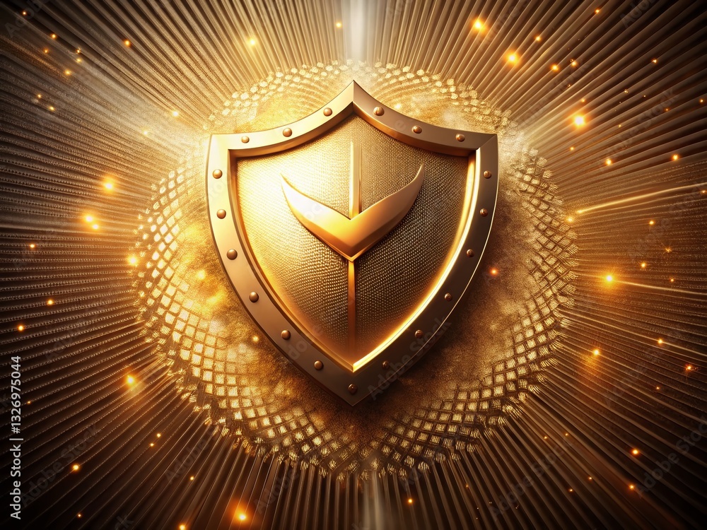 Fototapeta premium Golden Shield Checkmark: Drone Shot, Elegant Security Symbol, Dark Shimmering Background, Trust, Protection