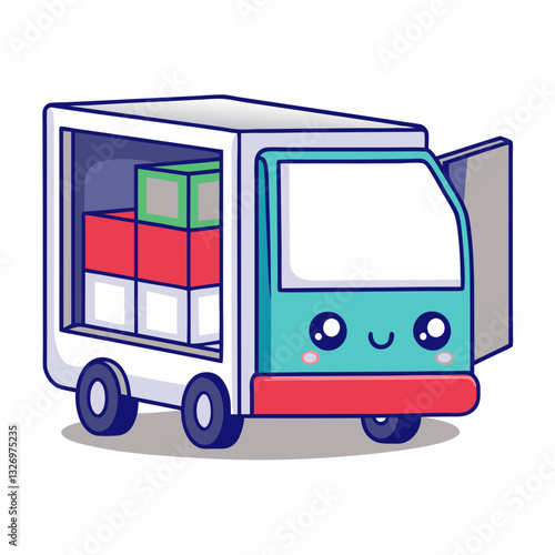 Delivery truck transporting colorful boxes in vibrant outdoor setting cheerful illustration from a dynamic viewpoint for engaging visual concept