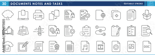 A set of line icons related to Document, notes and tasks. Document, files, notes, handwritten, setup, private, paper, print, and so on. Vector editable stroke.