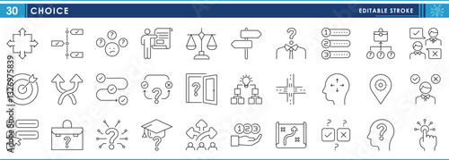 A set of line icons related to Choice. Choose, options, career, question, map, roads, click, puzzle, and so on. Vector editable stroke.