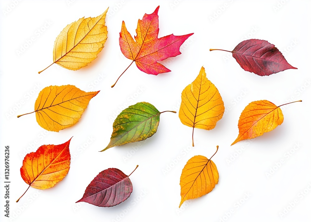Obraz premium Colorful autumn leaves falling on white background