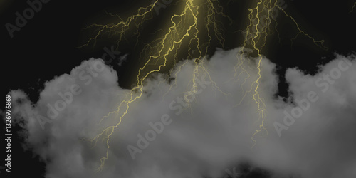 Thunder, lightnings and rain on a stormy summer night in black and white. Lightning bolts in the sky at night. Lightning on the sky with stormy clouds .