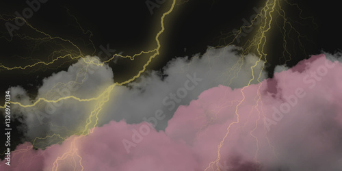 Thunder, lightnings and rain on a stormy summer night in black and white. Lightning bolts in the sky at night. Lightning on the sky with stormy clouds .