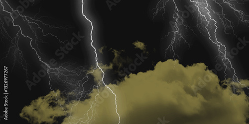 Thunder, lightnings and rain on a stormy summer night in black and white. Lightning bolts in the sky at night. Lightning on the sky with stormy clouds .