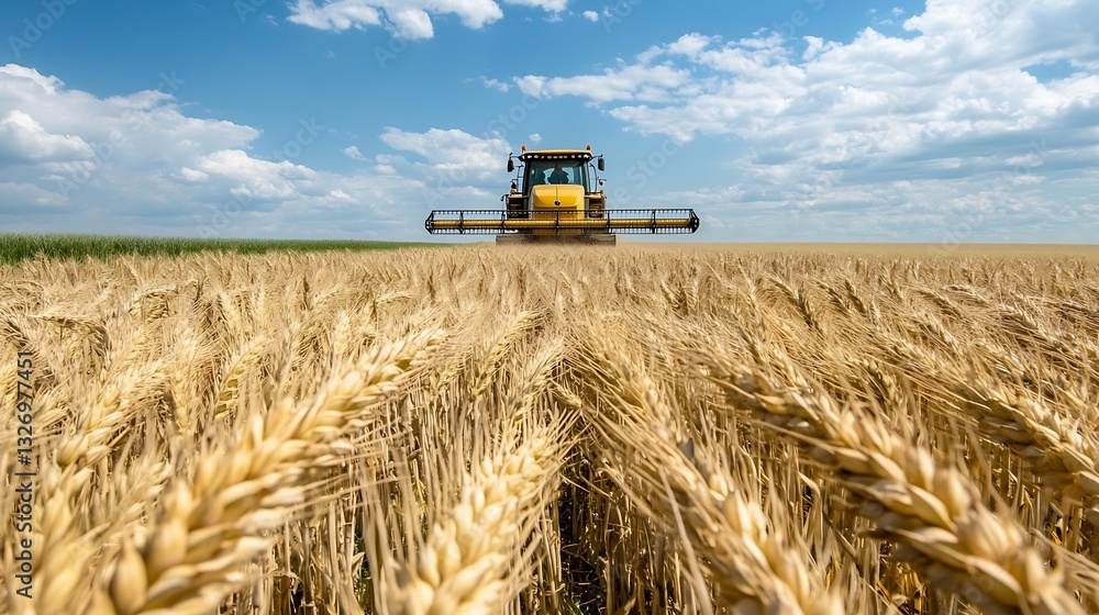 Obraz premium Modern agricultural machinery harvesting golden wheat under a blue sky with fluffy clouds : Generative AI