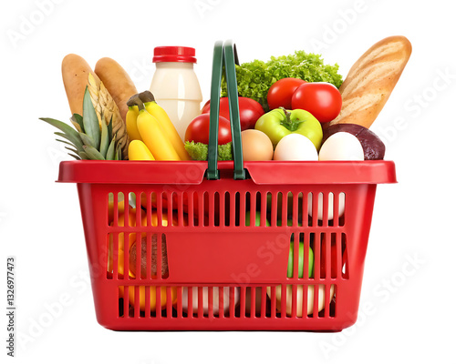 Full red shopping basket with fresh groceries.