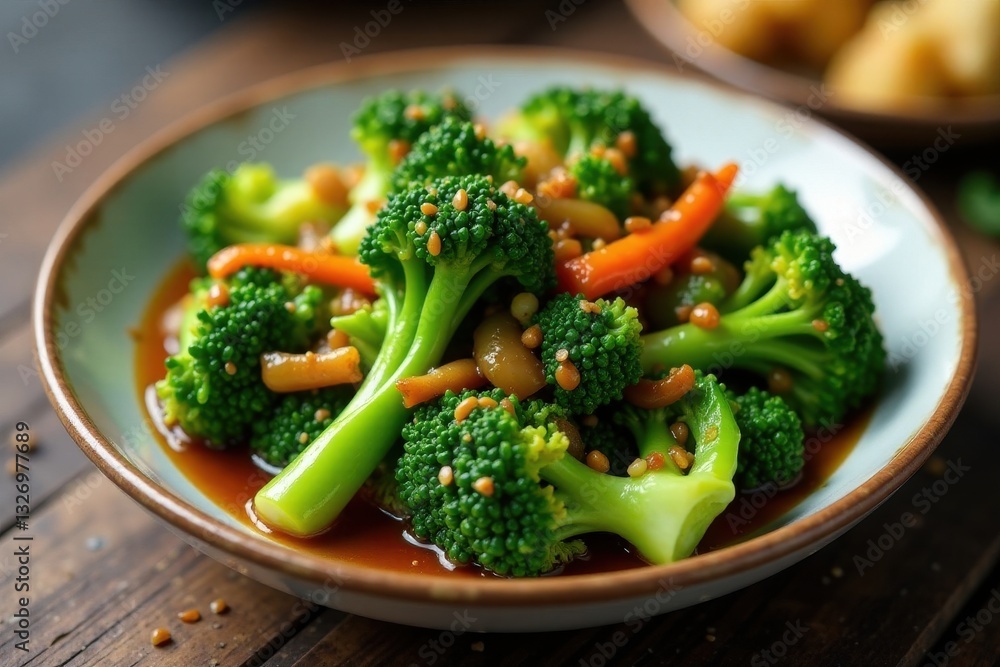 Stir-fried Chinese broccoli with vibrant ginger sauce, meal, food photography Stir-fried Chinese broccoli with vibrant ginger sauce, meal, food photography