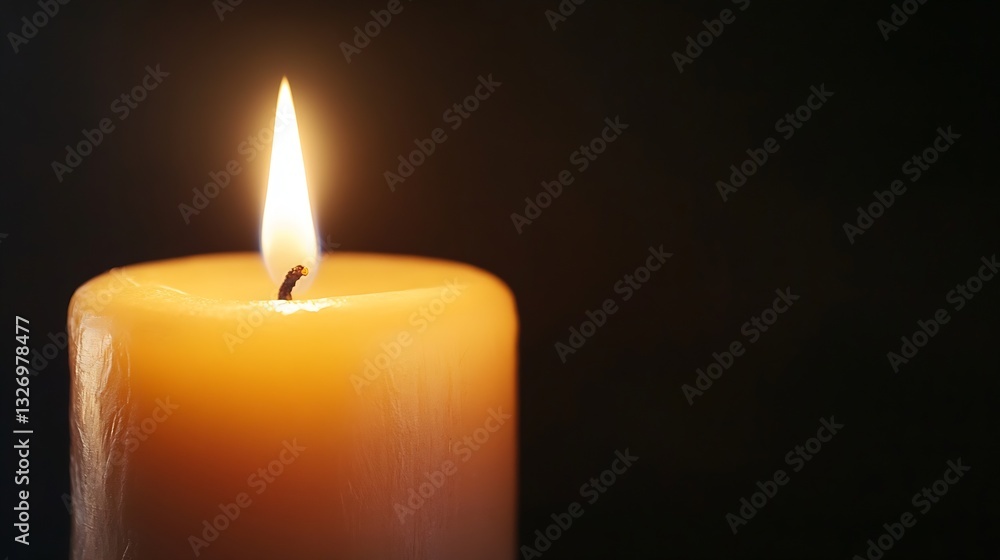Brightly lit candle glowing softly in darkness symbolizing peace and tranquility in living space : Generative AI Brightly lit candle glowing softly in darkness symbolizing peace and tranquility in living space : Generative AI