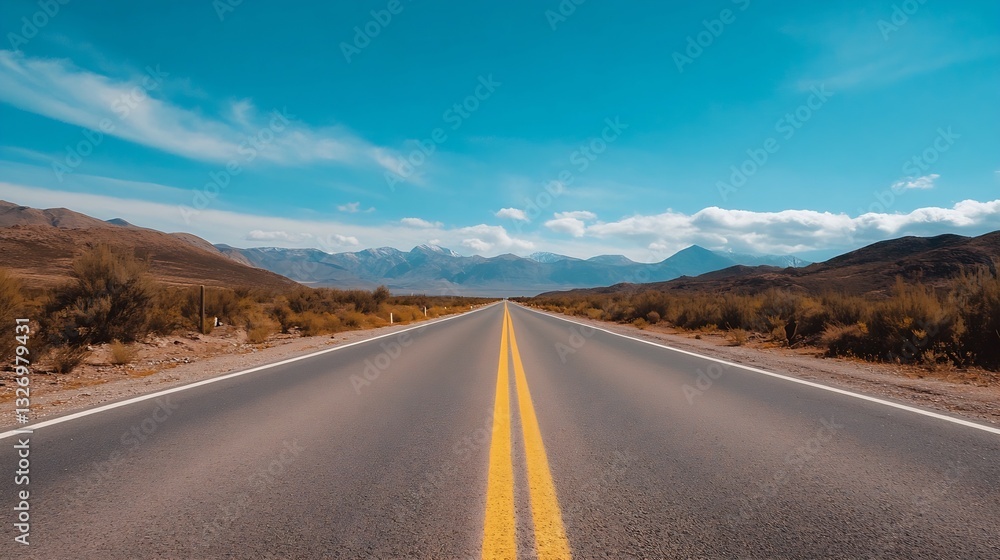Long stretch of empty road leading toward mountains under a vibrant blue sky : Generative AI Long stretch of empty road leading toward mountains under a vibrant blue sky : Generative AI
