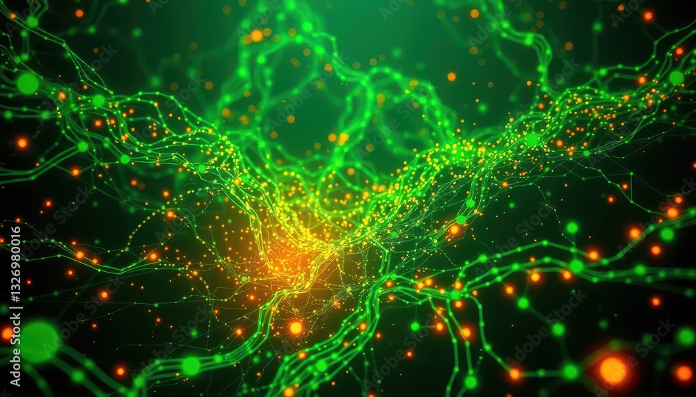 Abstract glowing network of interconnected nodes and lines in vibrant green and orange colors, showcasing technological and futuristic themes Abstract glowing network of interconnected nodes and lines in vibrant green and orange colors, showcasing technological and futuristic themes