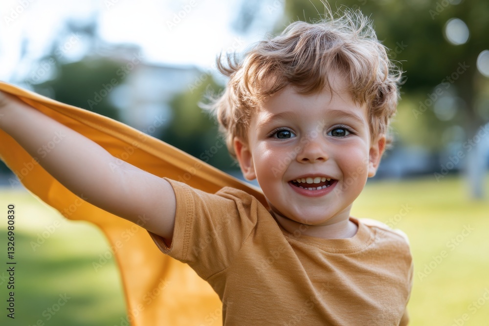 A happy child smiles brightly while joyfully running in a park, wearing a yellow cape, embodying the spirit of freedom and play in a sunny outdoor setting. A happy child smiles brightly while joyfully running in a park, wearing a yellow cape, embodying the spirit of freedom and play in a sunny outdoor setting.