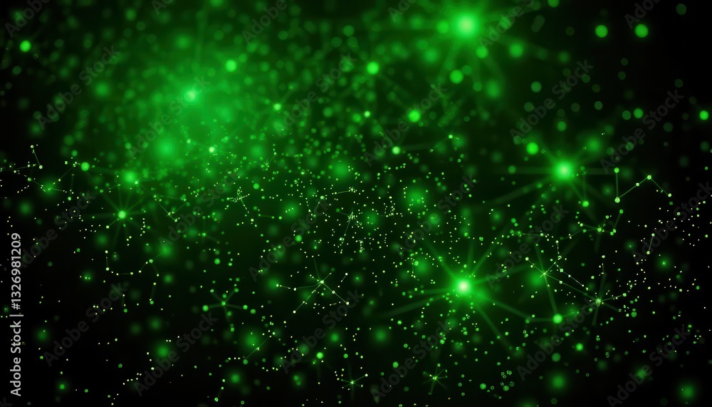 Fototapeta premium Abstract green glowing particles in dark space with sparkling effects suitable for backgrounds, technology themes, and creative designs