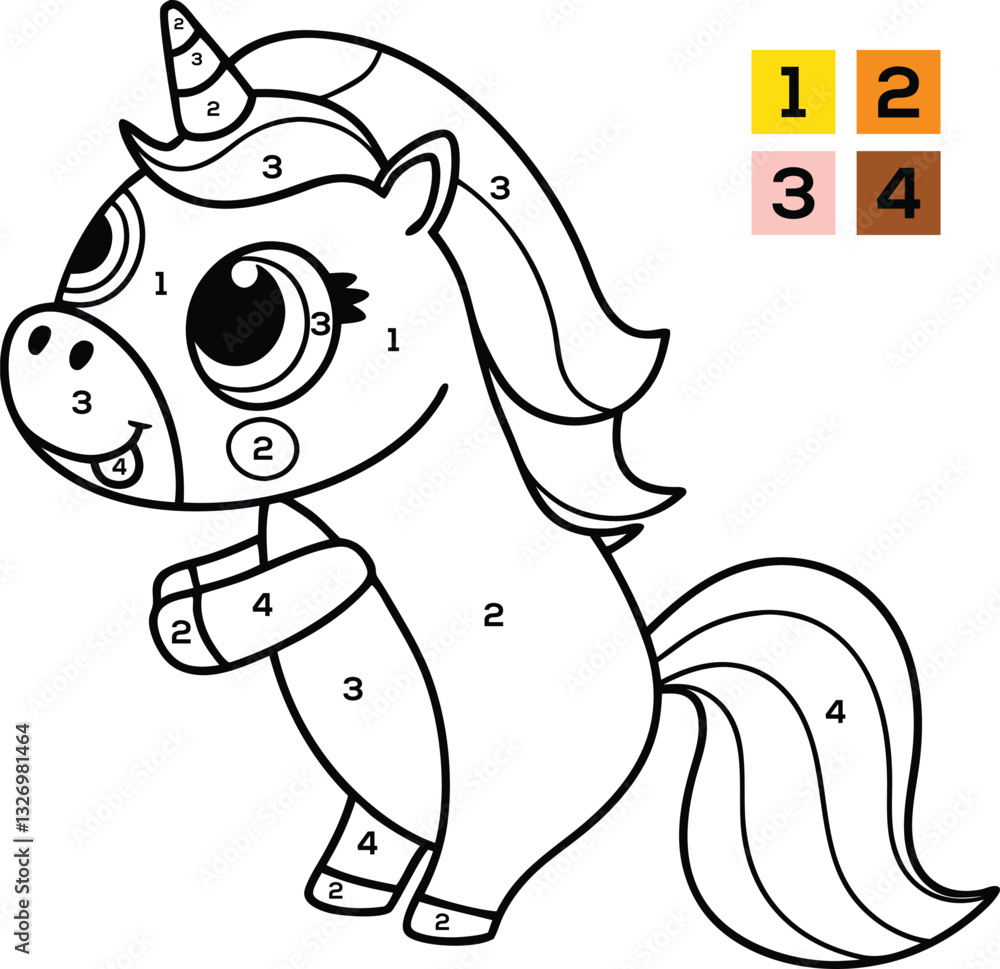 Fototapeta premium Cute Unicorn Coloring Page with Numbered Sections