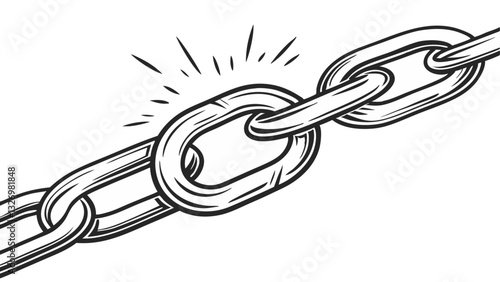 black and white ink illustration of a breaking metal chain, vector art