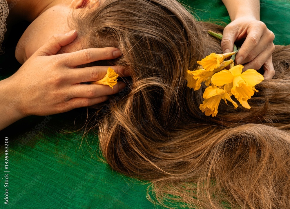 Obraz premium a long-haired girl hides her face in her hands and hair, surrounded by daffodils