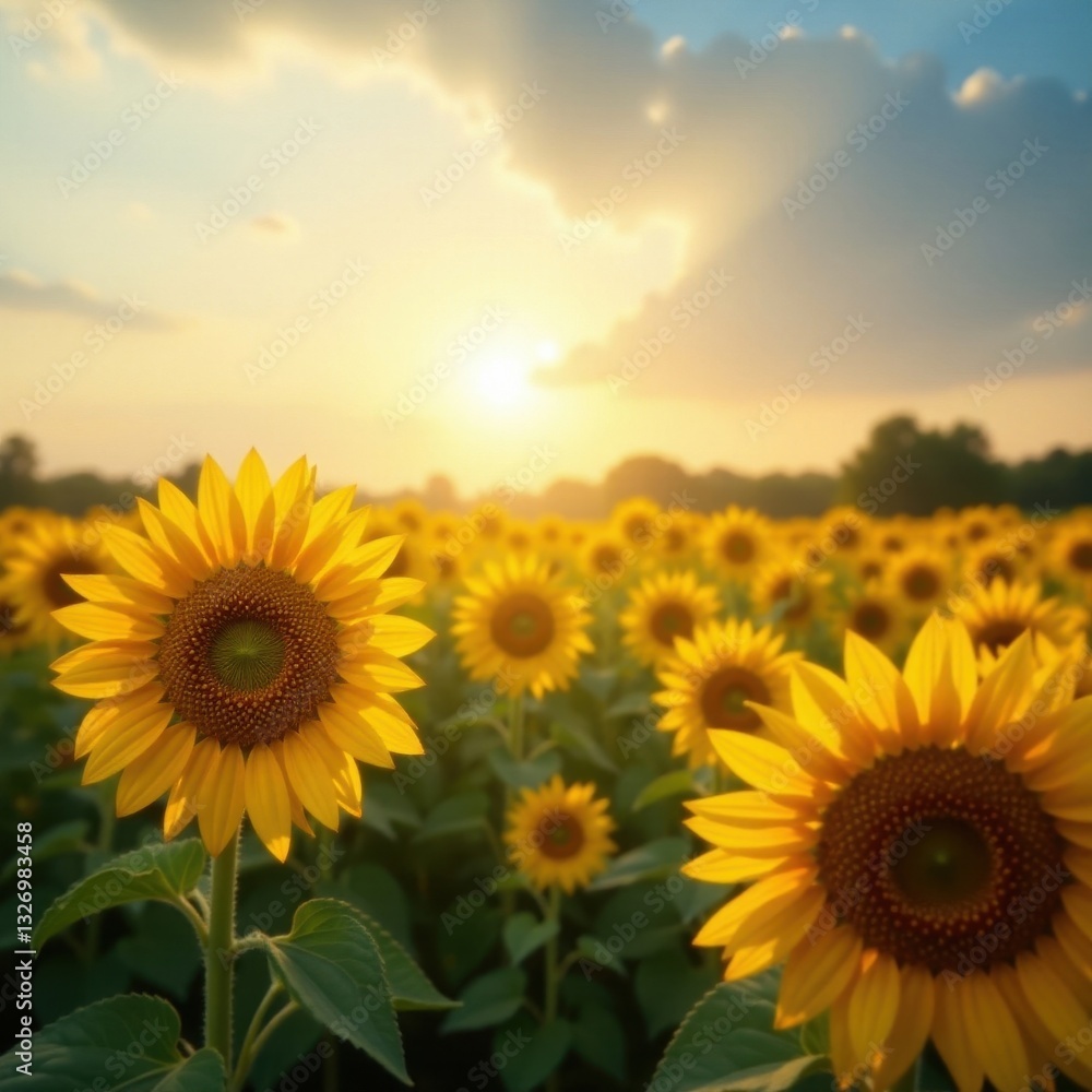 Fototapeta premium Sunlit sunflower field, elegant frame Warm hues, natural texture , element, frame