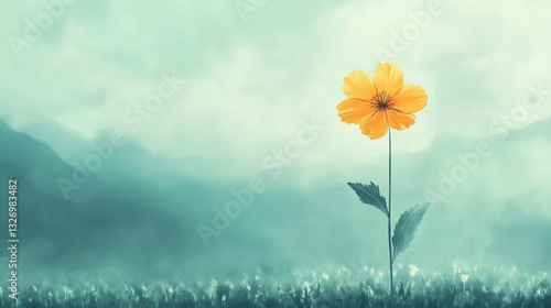 A single yellow flower stands alone against a misty background