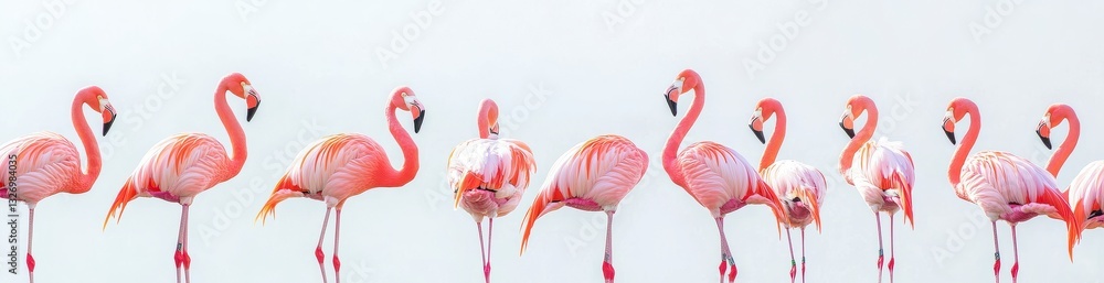 Naklejka premium Pink Flamingos in a Row Against White Background