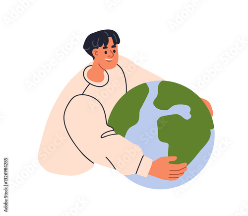 Earth care, saving planet concept. Human embracing globe. Holding, hugging world for ecology protection, environment conservation. Eco firendly flat vector illustration isolated on white background